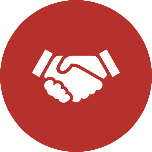 a red circle with white handshake