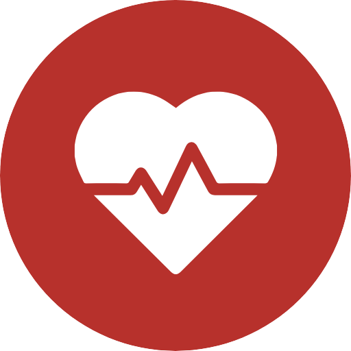 a red circle with a white heart with a pulse line